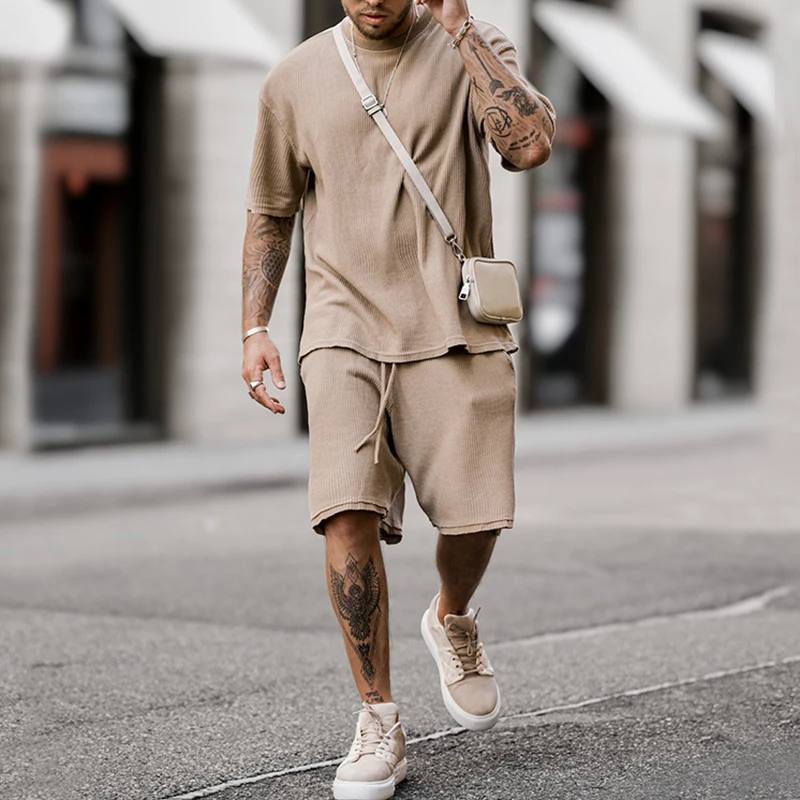 

Hip Hop Solid Color Ribbed Outfits Mens 2024 Summer Two Piece Suits Short Sleeve O Neck T Shirt And Shorts Sets Men Streetwear