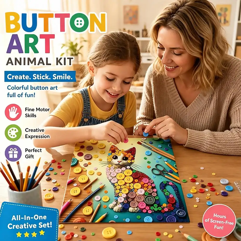 Animal Button Painting Set DIY Kit Vibrant Wall Decoration Colorful Buttons Craft Kit with Frame Home Decoration Art Handmade