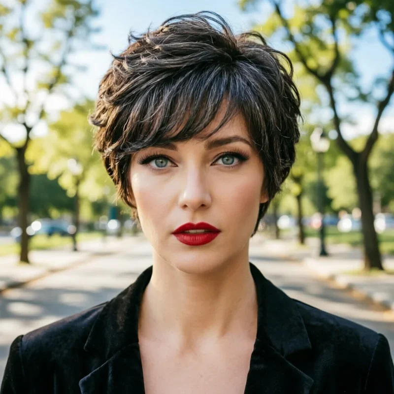 女性用ショートグレーオンブレカーリー人毛ウィッグ（前髪付き）ナチュラルソフトママヘアデイリーパーティーコスチュームウィッグ
