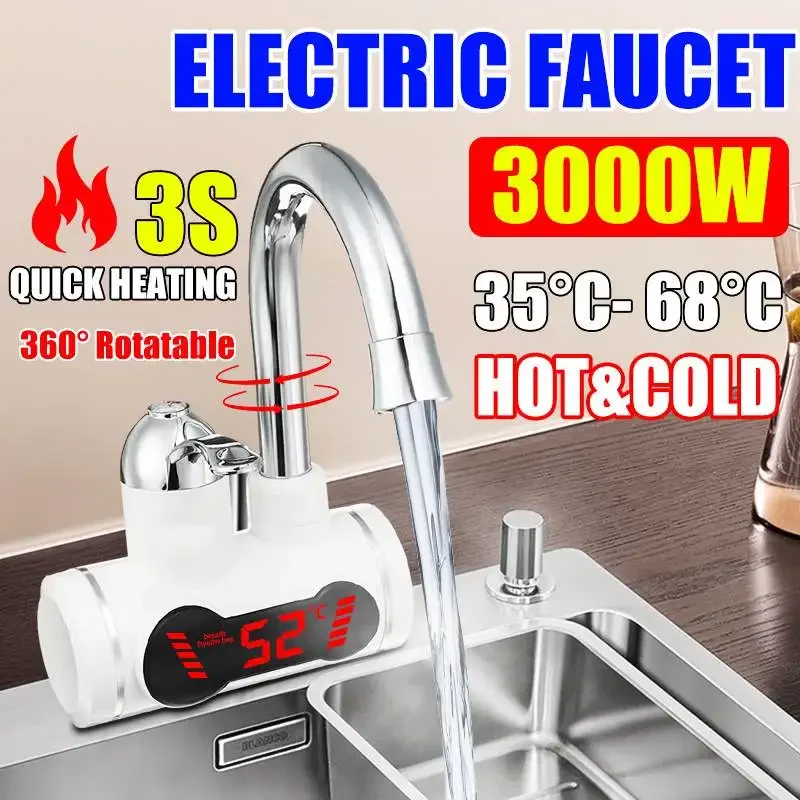 3000W 220V Instant Tankless Electric Hot Water Heater Faucet Kitchen Digital Display Instant Heating Tap Water Heater With LED