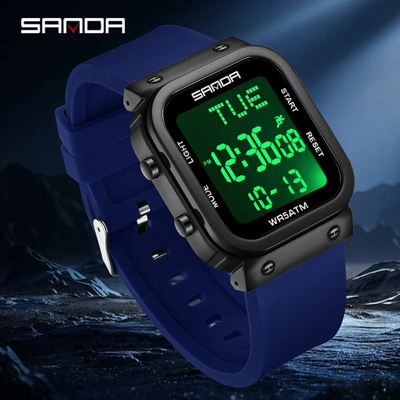 SANDA Classic Digital Sport Watch Men Square Dial Military LED Display Multifunction Chronograph Waterproof Wristwatch Man Clock