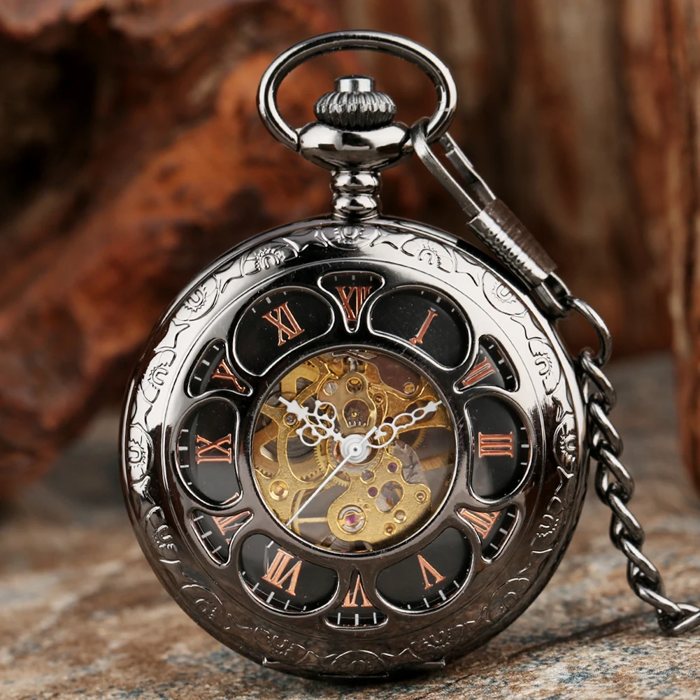 

Vintage Black/Silver Semicircle Mechanical Hand Wind Pocket Watch Chain Luxury Steampunk Women Men Watches Fob Male Clock Gifts