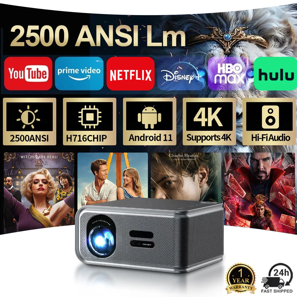 

Проектор Beam Projector HD с разрешением 1920*1080P, 2500 ANSI люмен, Google Play, HDR10+, WiFi6, BT5.2, двойные HiFi-динамики 5 Вт, для домашнего кинотеатра и просмотра фильмов.