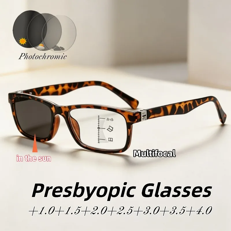 New Fashion Square-frame Photochromic Multifocal Presbyopia Glasses Classic Anti Blue Light Progressive Reading Eyewear Unisex