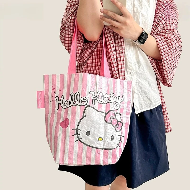 

Kawaii Hello Kitty Kuromi My Melody Large Capacity Woven Bag Anime Sanrio Girl's Heart Cute Folding Portable Shopping Bag