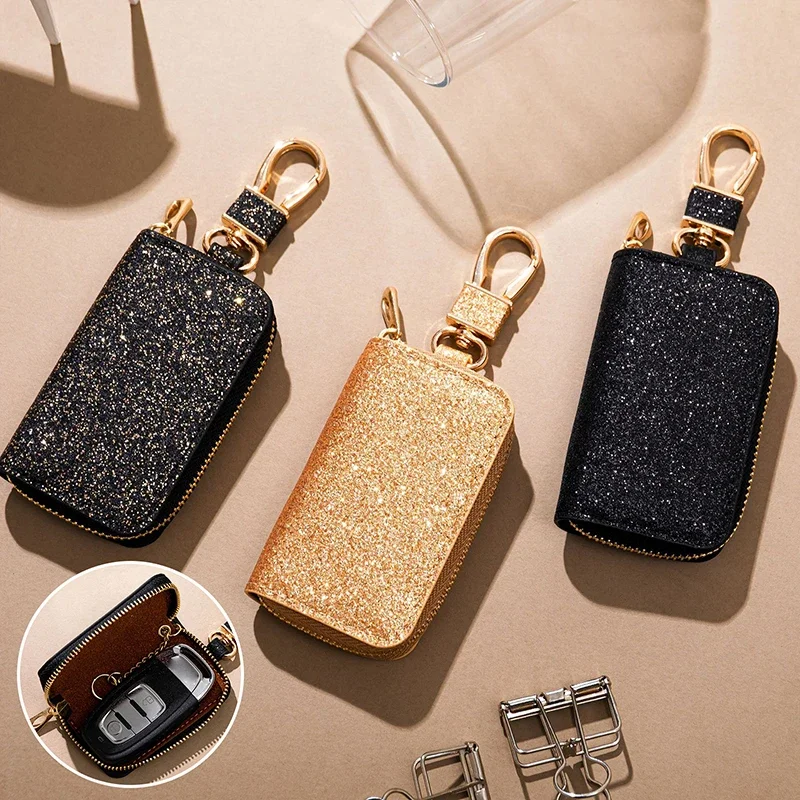 Shiny PU Pouch Zipper Key Holder Organizer Car Key Bag Keychain Wallet Fashion Simple Key Case Bag Car Protect Cover