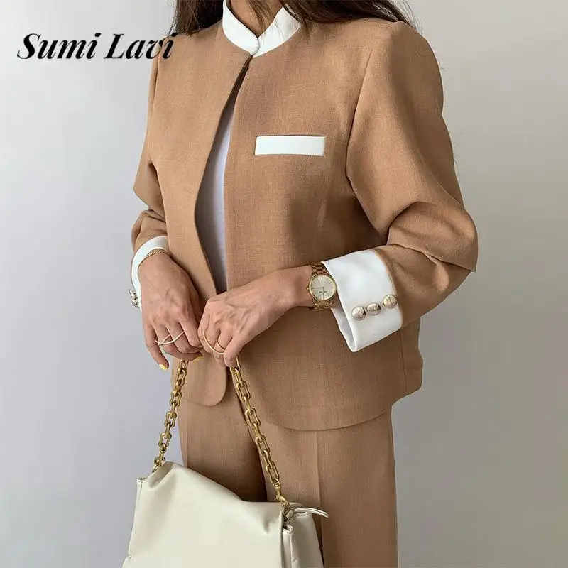 Women Fashion Stand Collar Blazer & Long Pant Suit Women Causal Long Sleeve Loose 2Pc Outfit Elegant Color Blocked Patchwork Set