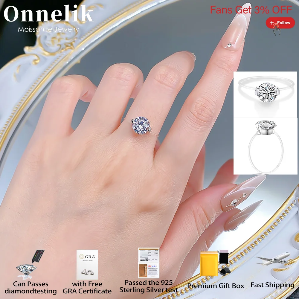 

Onnelik Full 1ct 2ct Moissanite Diamond Ring with GRA 100% S925 Sterling Silver Rings for Women Wedding Bands Fine Jewelry Gifts