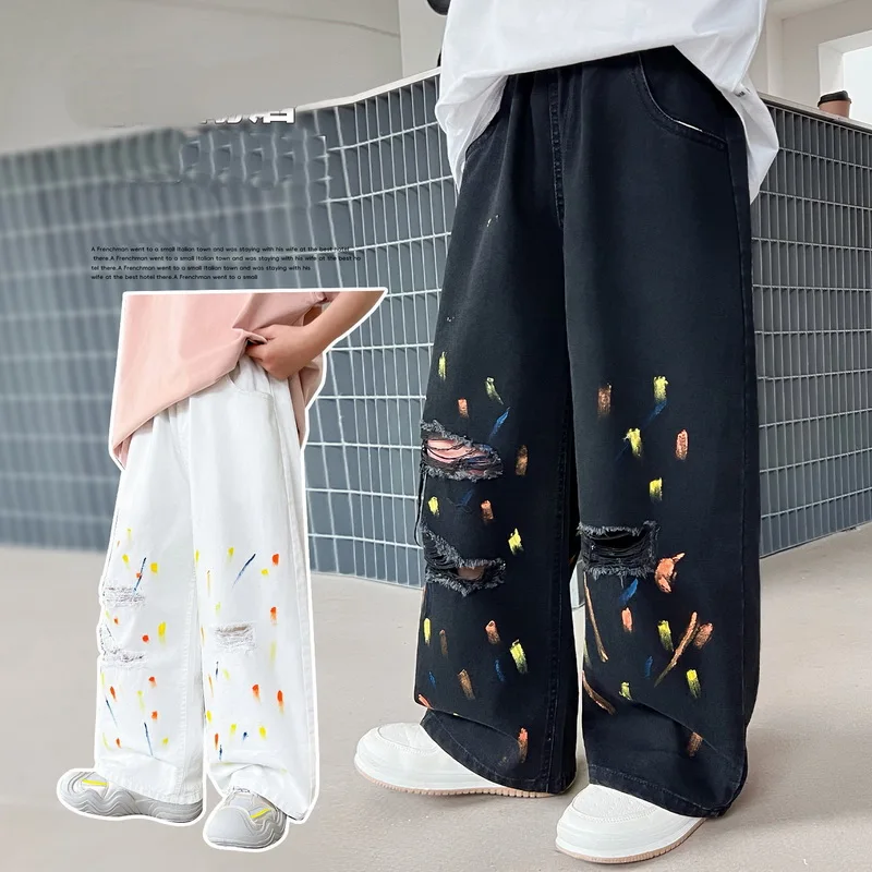 New Summer Kids Ripped Jeans with Spray-Paint Embroidered Distressed for Boys Wide Leg Denim Pants Children Loose Trousers