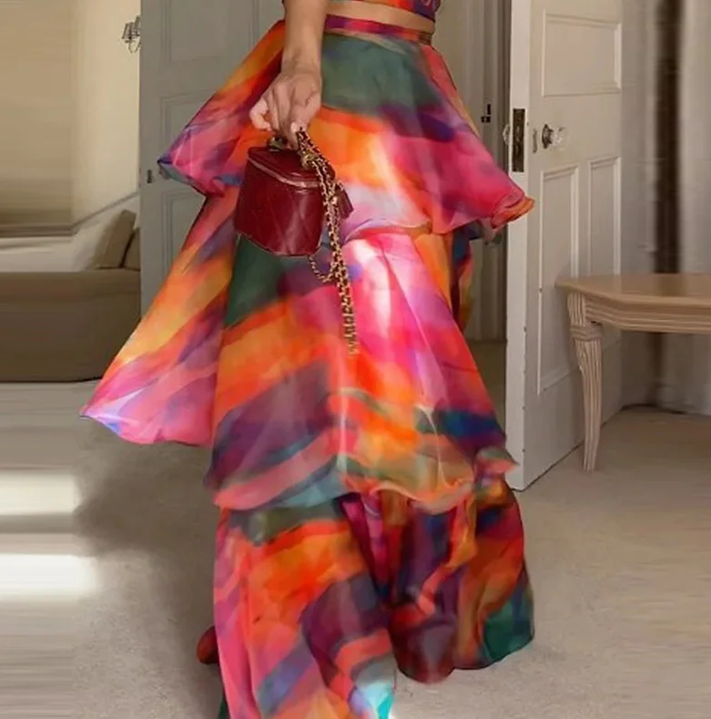 Women Urban Style Dress 2024 Spring/summer Latest Fashion Hanging Neck Tie Dyed Design Feeling Fluffy Sleeveness Cake Long Skirt