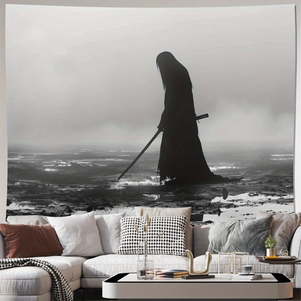 Dramatic Gothic Fantasy Tapestry Large Wall Hanging Monochrome Sword Figure Art Decor Print 150x300cm Noir Style Home Canvas