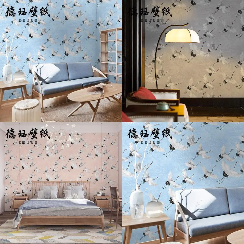 

Chinese style crane non woven fabric white heron wallpaper for living room bedroom TV background wall dining room restaurant