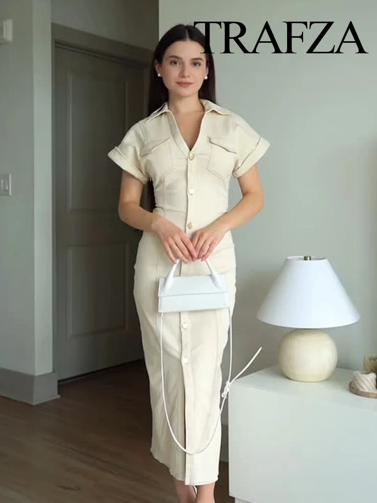 

TRAFZA Summer Fashion Women Solid Single Breasted Pleated Design Midi Dress Woman Denim Turn Down Collar Short Sleeve Dress