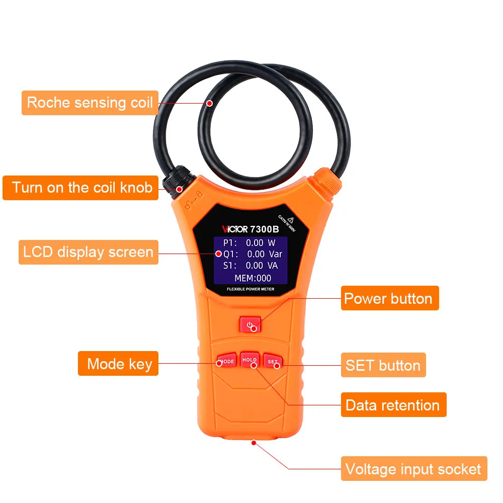 Victor 7300B Flexible Coil Clamp Power Meter Three-phase Clamp-on Handheld Automatic Range AC Leakage Current Rockwell Tester