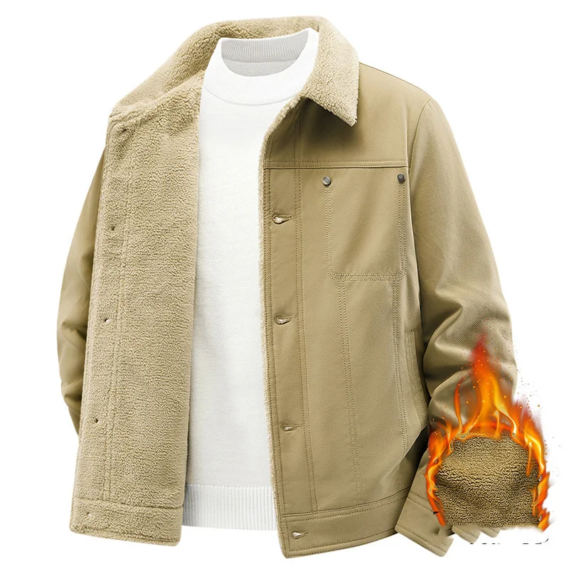 

205 Autumn Winter Man Coat Thicken Fleece Turn Down Collar Male Outerwear Solid Single-breasted Long Sleeve Men Plush Jacket