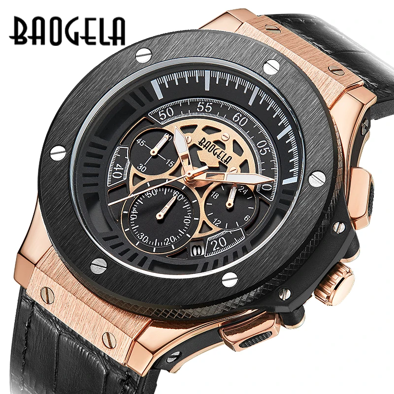 BAOGELA Brand Men Watch Quartz Watch Gold Rubber Band 3ATM Water Resistant Chronograph Mens Quartz Wrist Watch 1910