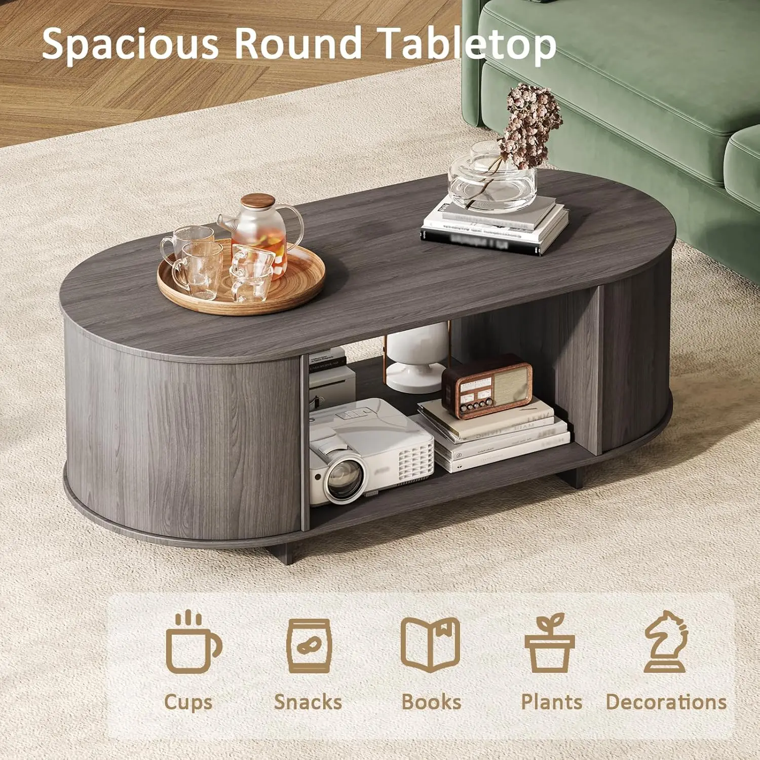 Mesa de centro ovalada rústica moderna de granja, mesa central de madera baja gris con almacenamiento, para sala de estar/dormitorio/oficina en casa