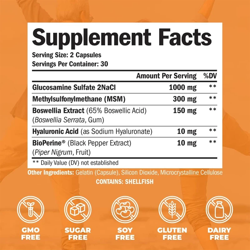 Glucosamine sulfate+hyaluronic acid pepper, dimethyl sulfone, frankincense. Help with health, knees, and hands