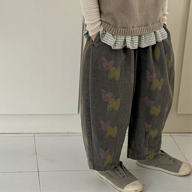 Kids Washed Cotton Sweatpants Abstract Floral Heart Print Loose Fit Lantern Pants Boys Girls Casual Autumn Trousers Harem Pants