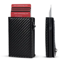 CASEKEY Rfid Carbon Fiber Card Holder Ultrathin Pu Leather Anti Theft Popup Smart Trifold Wallet with Coin Zip Pocket&ID Window
