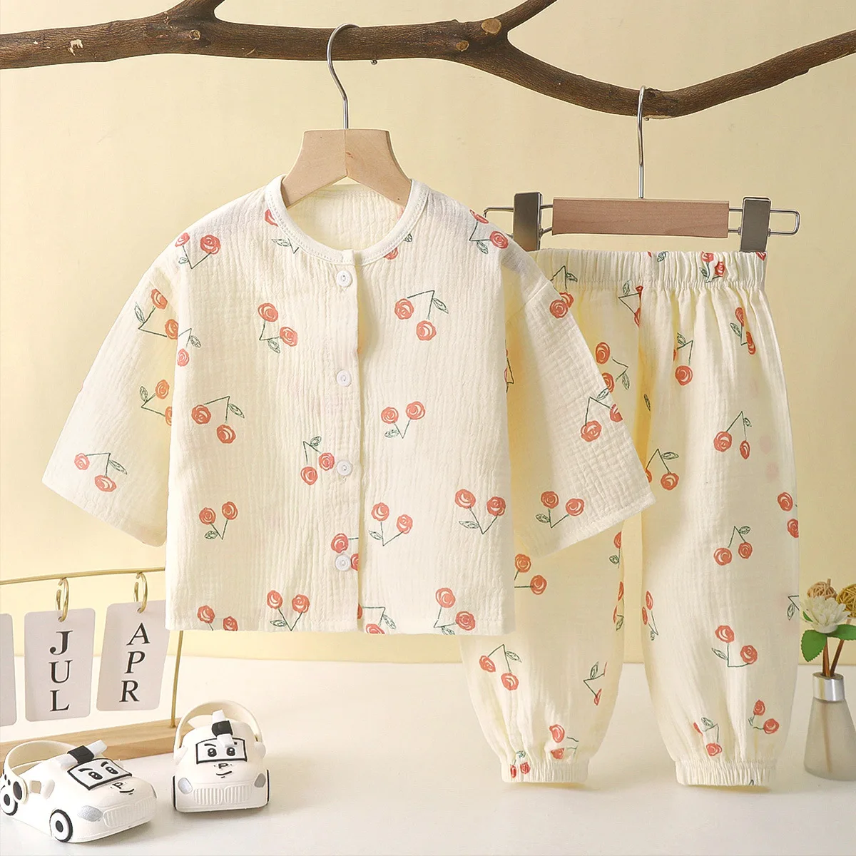 Baby Boys Girls Suit Clothes Kids Muslin Cotton Home Wear Outfit Set Three-Quarter Sleeves Tops+Pants Soft Pajamas 2PC 0-7T