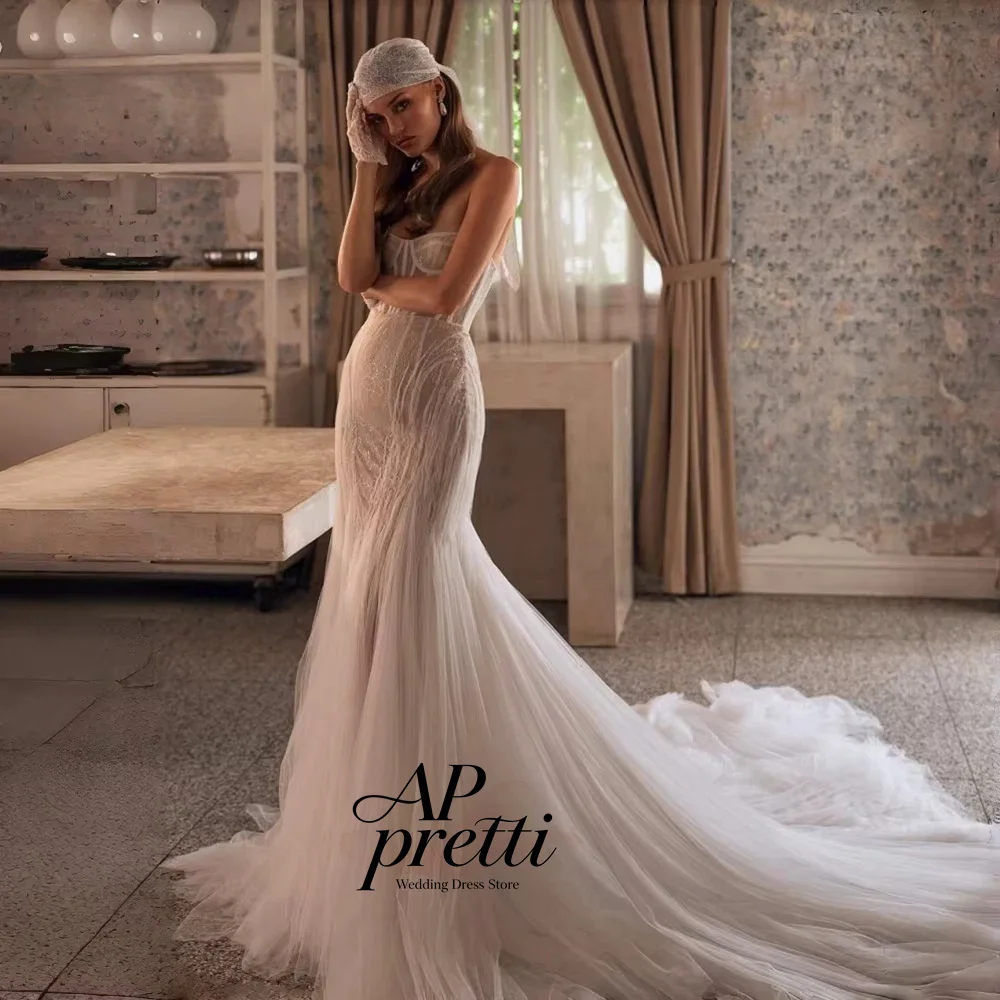 AP pretti Modern V-Neck Sleeveless Wedding Dresses Sequin Sheath Tulle Mermaid Bridal Gown Long свадебное платье Customized 2027