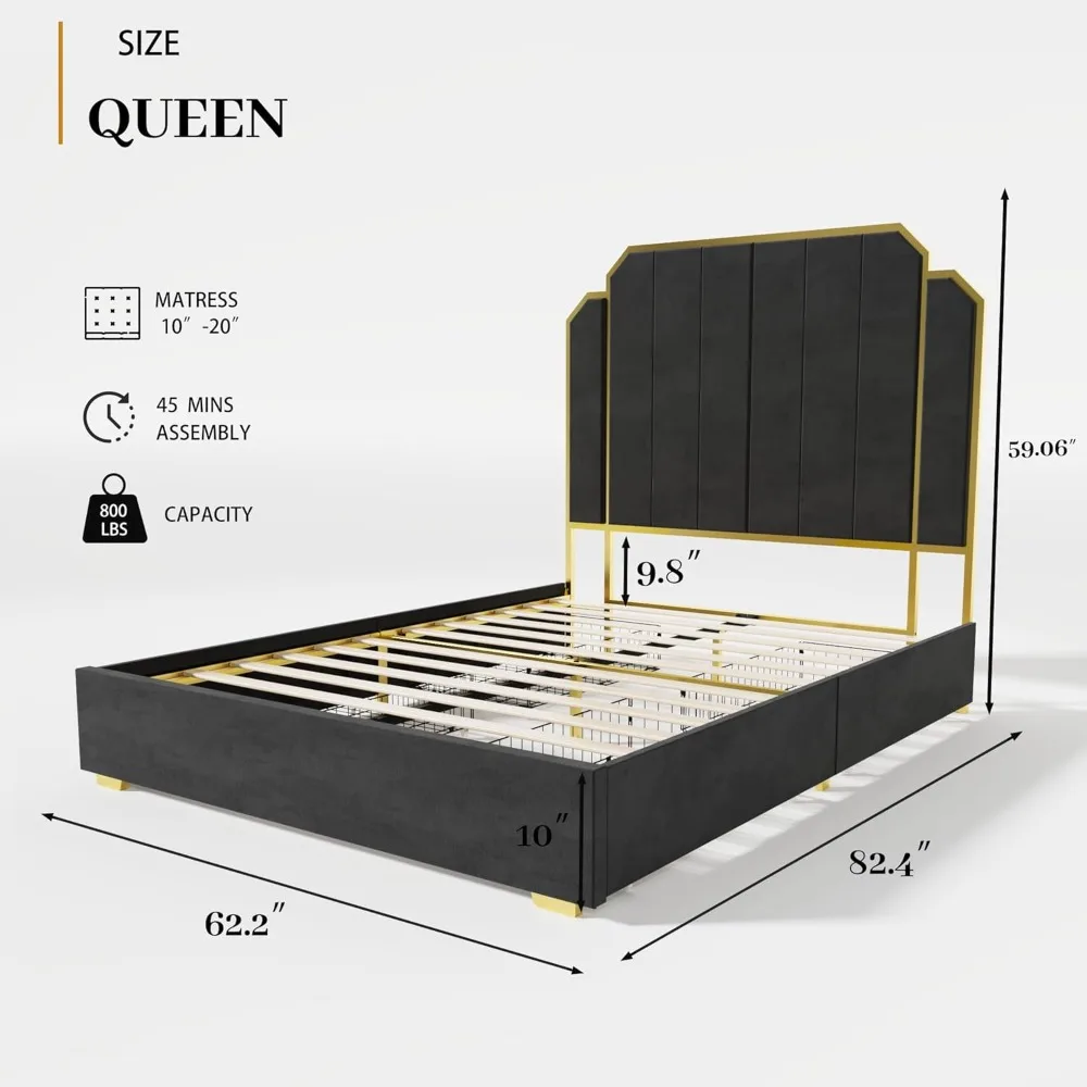 bedstead.Queen Platform Bed Frame, 59'' Velvet High Headboard Upholstered Bed with Gold Accent Headboard and 4 Storage Drawers