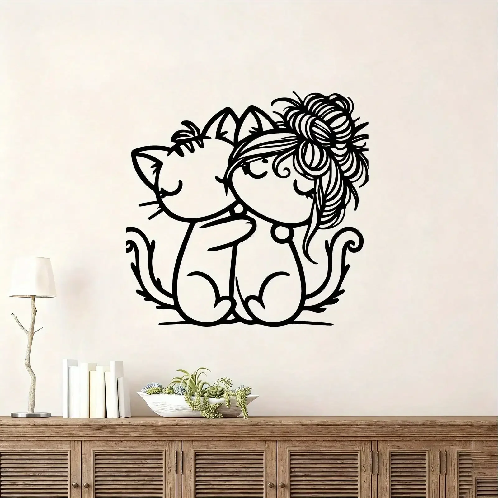 Cute Pet‑Themed Iron Wall Decor, Sweet Lady Embracing Cat Silhouette Metal Wall Hanging Apartment Living Room Interior Decora
