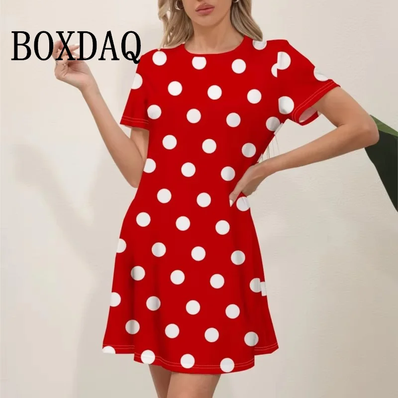 2024 Loose Women's dress Summer New Office And Leisure Fashion Polka Dot Printed Round Neck Short Sleeve Dress For Women