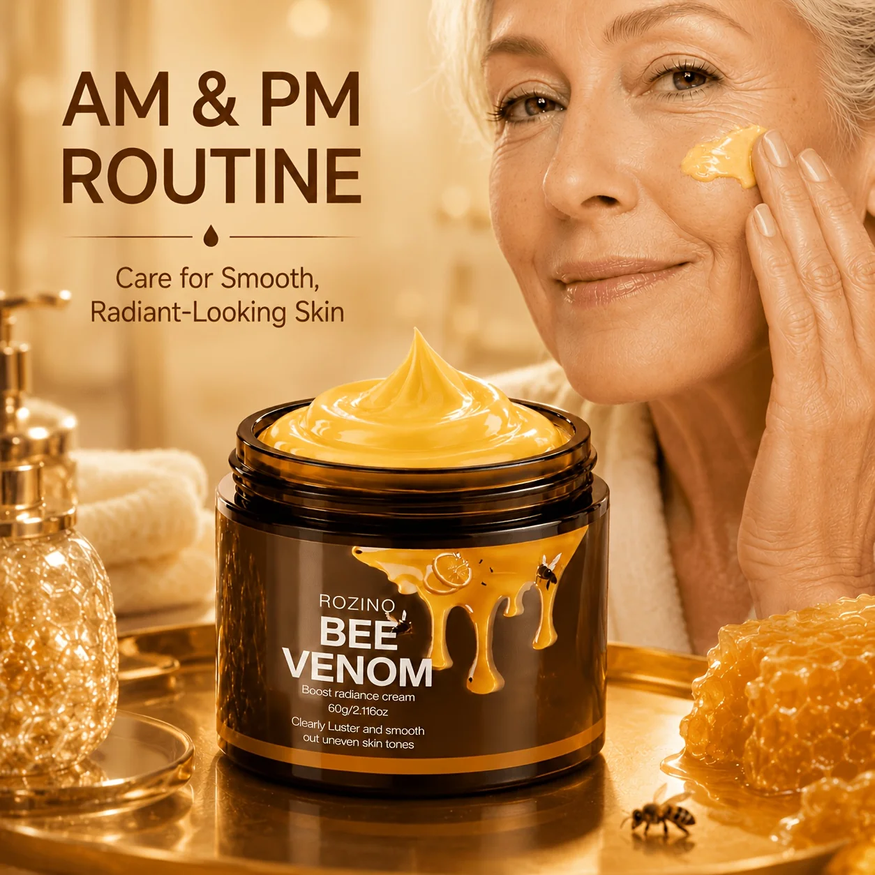 Bee Venom Moisturizing Skin Care Cream for Face, Neck and Body, Honey Inspired Botanical Formula with Smooth Lightweight Texture, Easy to Apply Daily Beauty Care for Home Spa, Travel and Personal Self Care Routine
