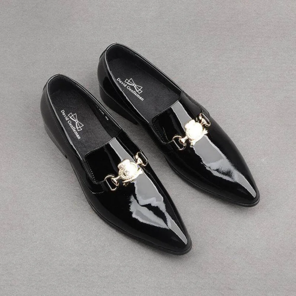 

Summer Glossy Genuine Leather Pointed Toe Loafers for Men Youth Trendy Patent Leather Slip on Business Casual Dress Shoes