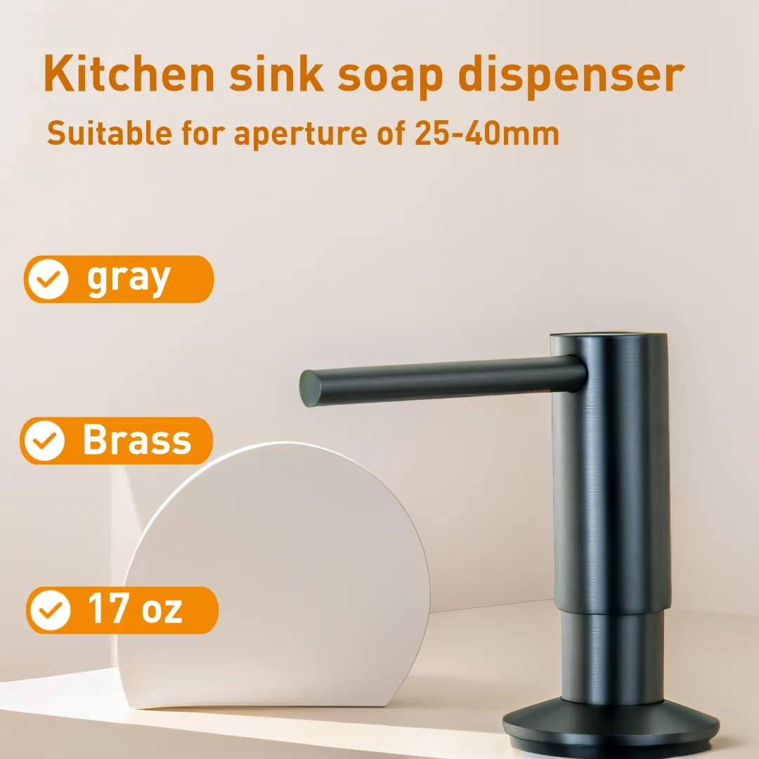 Premium 17OZ Brass Press-Type Soap Dispenser in Elegant  Gray – Stylish & Function Easy Refill Durable Build for Kitchen