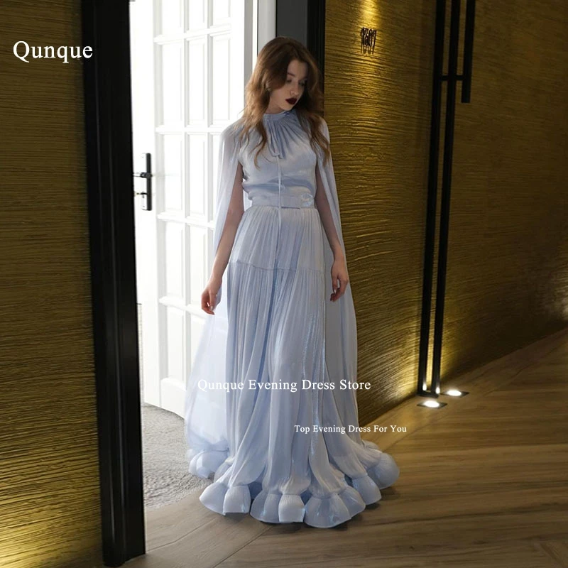 

Qunque A Line Crepe Sky Blue Prom Dress adjustable High Neck Evening Dress Long Cape Sleeves Ruched Pleat فستان سهرة Party Dress