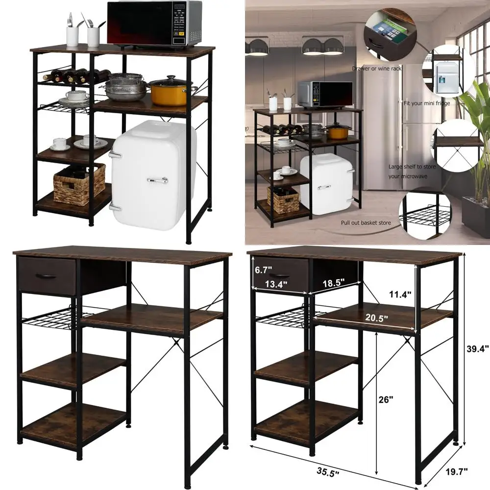 

Кухонная полка для хранения пекарей с мини-подставкой для холодильника, большим ящиком, полкой для вина, металлическим каркасом, компактным дизайном