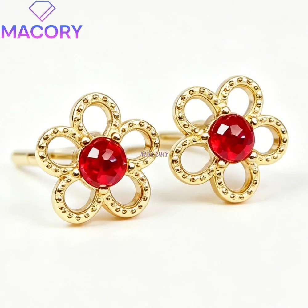 S925 sterling silver natural ruby stud earrings delicate and stylish versatile flower design everyday wear Valentine's Day gift