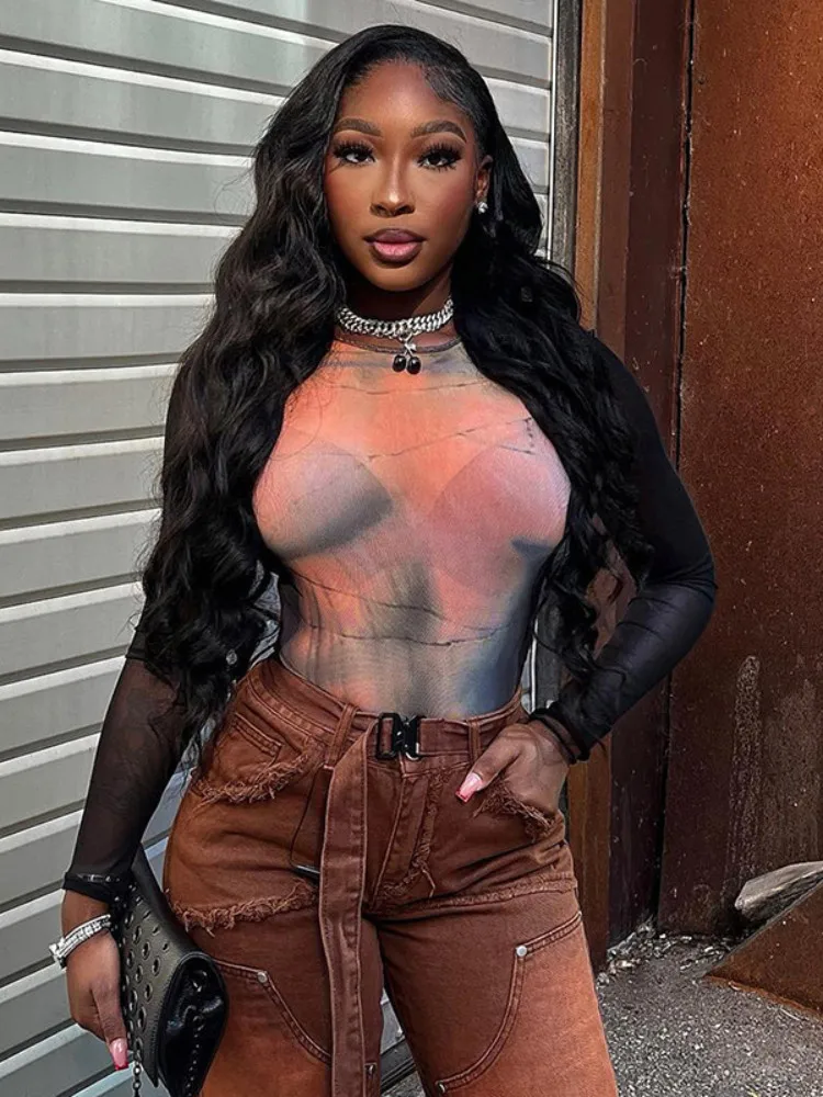 أزياء خمر طويلة الأكمام Bodycon قمم مثير س الرقبة ضئيلة حللا الجمالية شيك مطبوعة شبكة المرأة داخلية Y2K الشارع الشهير #4