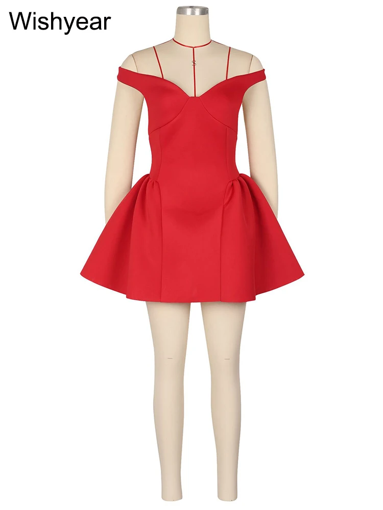 Fashion Halter A-line Deep V Off Shoulder Backless Birthday Women Red Mini Dress Sleeveless Ruched Princess Party Bodycon Robe