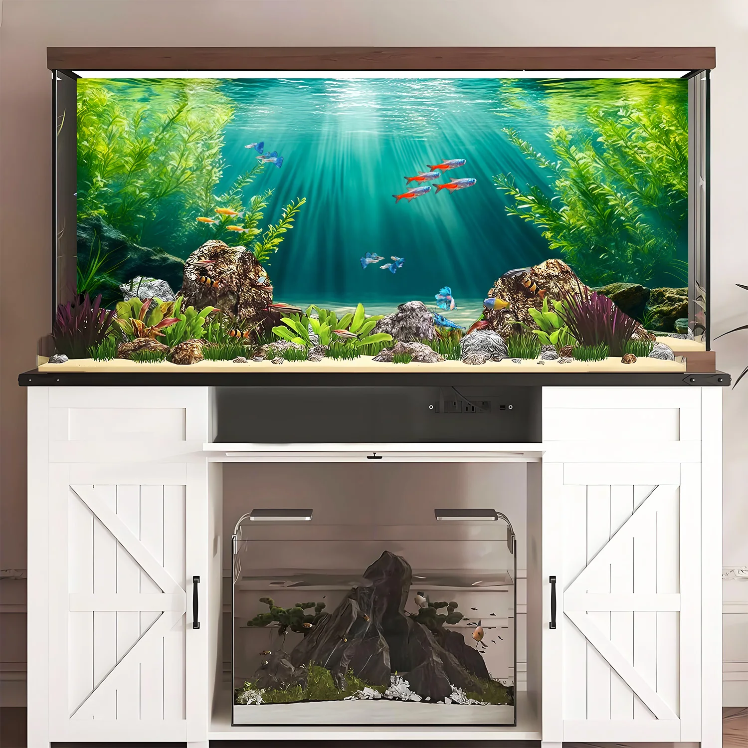 Wassergras-Strand, Aquarium-Hintergrundbild, Aquarium-Hintergrundsticker, Selbstklebend, Landschaftsdekoration – Detail 5