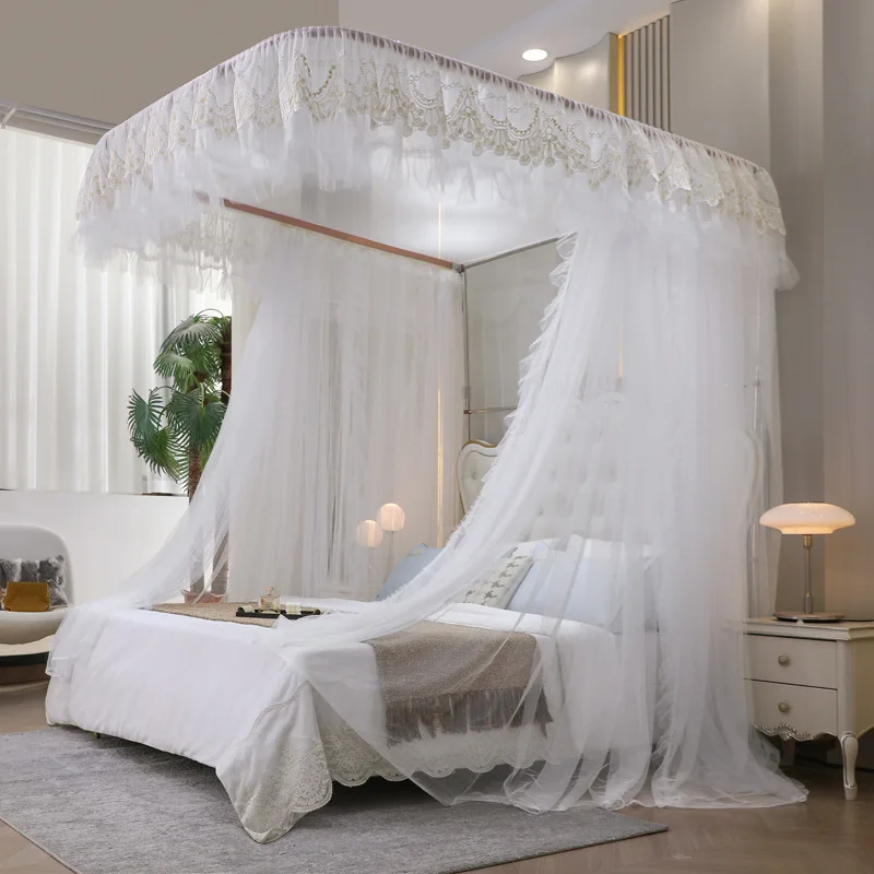 High End White U-shaped Mosquito Net Household Bedroom Single Door Double Floor Princess Style Encrypted Thickened Bed Curtain