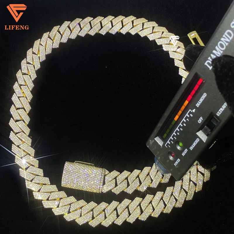 Lifeng Jewelry 15mm 18k Gold Cuban Link Chain Iced out Hiphop Miami Sterling Silver VVS Moissanite Men Cuban Chain Necklace