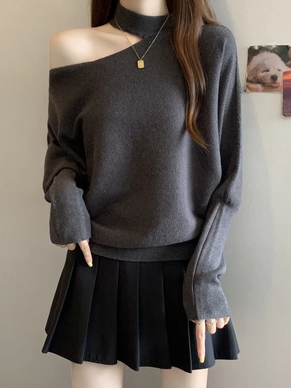 

Large Size Woolen Knitted oulder Bared Ne Hanging Sve Long Sve Women's Autumn Winter Loose Fit Casual Sle Top
