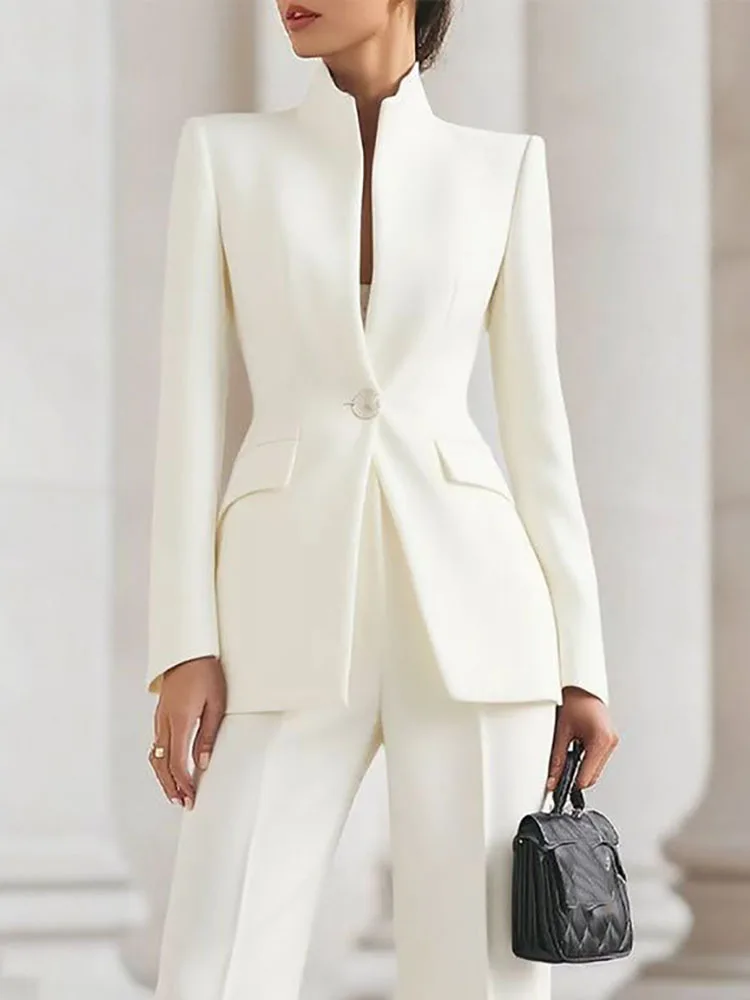 Elegante chaqueta de manga larga + traje de pantalón otoño Simple Color sólido traje de desplazamiento temperamento de mujer conjunto profesional ajustado