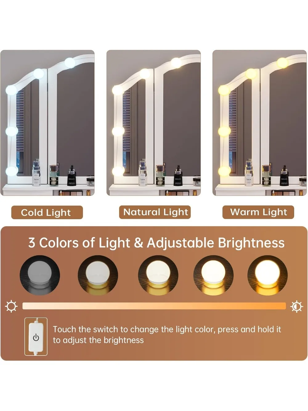 vanity table set with lighted tri-folding mirror, makeup vanity with lights & 3 color lighting modes, vanity desk with mirror a