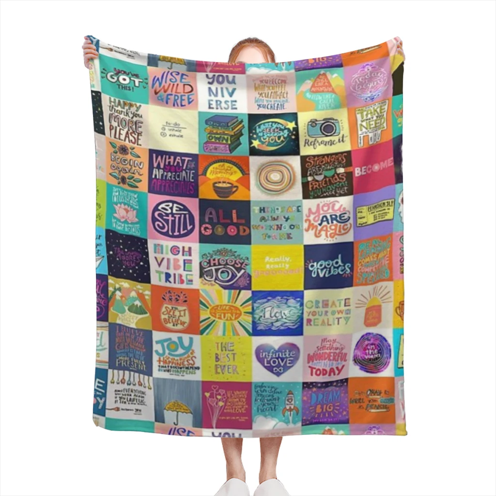 

Positivity Patchwork Blanket Flange Textile Decor Portable Super Soft Throw Blankets for Home Office Plush Thin Quilt