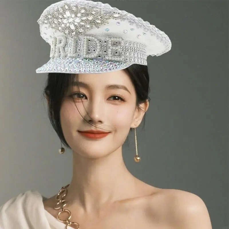 Splendido cappello da sposa con perle, cappello da capitano, con bianchi incrostati, BRIDR da 49