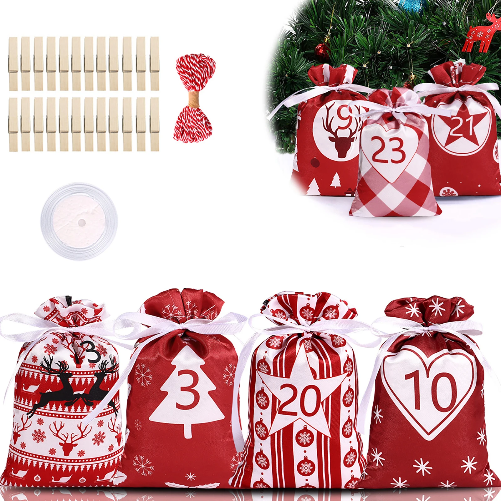 Bolsas para calendario de adviento de Navidad, bolsas de regalo para calendario de adviento, conjunto de bricolaje, decoración de Navidad, 24 días, nuevo