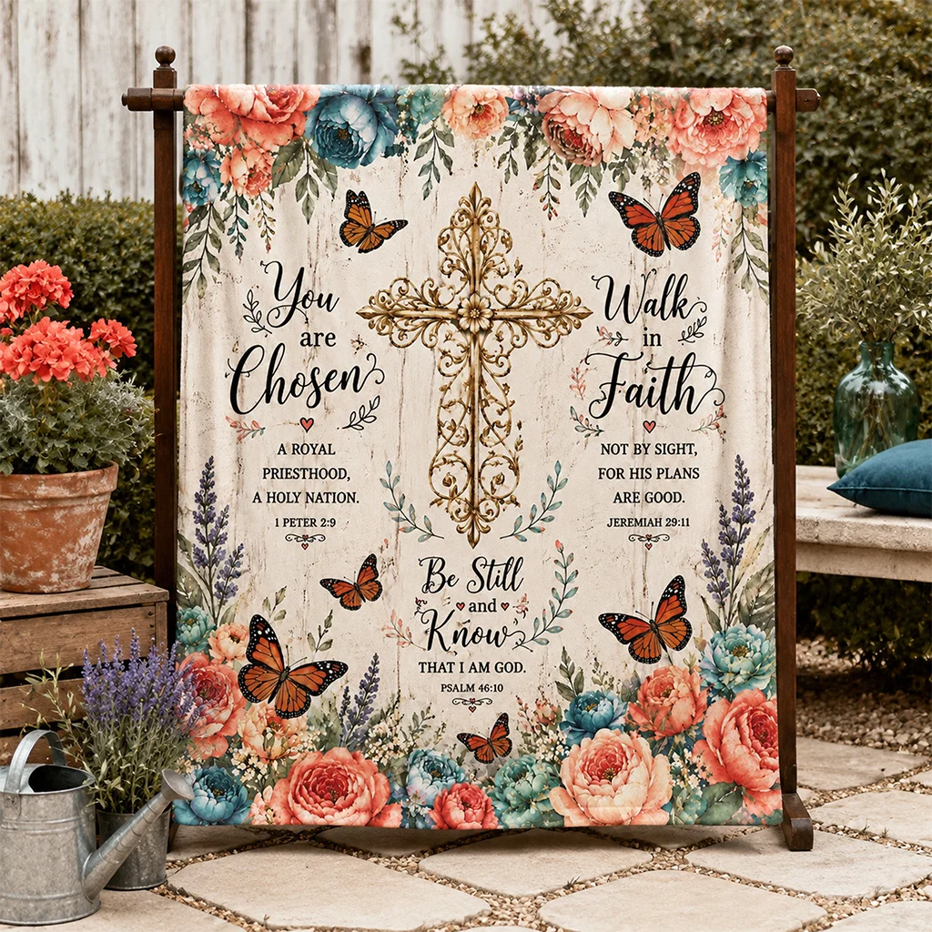 Christian Cross Flannel Throw Blanket Floral Butterfly Faith Scripture Design Sofa Bed Couch Bedroom Living Room Religious Home Decor Church Gift Office Travel Nap Blanket Spiritual Bedding Prayer Gift Faith Room Accent Christian Keepsake Bible Gift