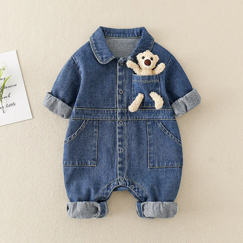 Urso coreano Denim Romper, macacão de bebê, criança Onesie, roupas de meninos e meninas, roupas infantis, roupas, outono