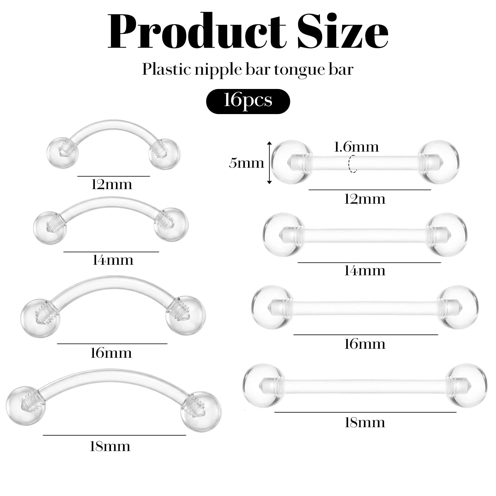 16pcs Clear Acrylic Tongue Rings 14g 1.6mm Barbell Piercing Jewelry Flexible Plastic Retainers for Belly Nipple Lip Eyebrow