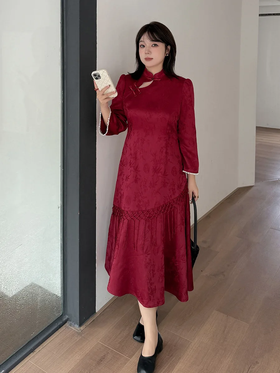 

plus Size Dress Elegant Slimming New Chinese Style Wedding Dress Tassel Skirt Long Sleeve Zipper Back Fish Tail Skirt